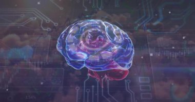 Anakart ve beynin dijital ortamda canlandırılması. Dijital alan, bilgisayarlar, ağ ve teknoloji konsepti dijital olarak oluşturulmuş video.