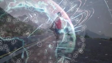 Afrika kökenli Amerikalı formda bir adama karşı dünya çapında ışık izlerinin animasyonu yolda geriliyor. Spor ve spor teknolojisi kavramı