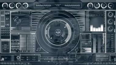 Dijital arayüzde hud işlemeli bilgi verilerinin animasyonu. Dijital bileşik, yapay zeka, iletişim, teknoloji, finans, ekonomi, iş.