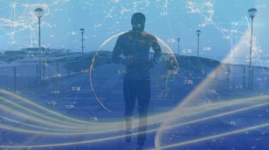 Gezinti güvertesinde koşan Afro-Amerikan zinde bir adam üzerindeki dünya bağlantılarının animasyonu. Spor ve spor teknolojisi kavramı