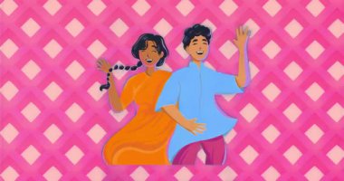 Konfeti dans eden çiftin etrafında patlıyor. Pembe örgü arka planda sallanan ritmik salınımları kutluyorlar. Kutlama, hareket, neşe, canlılık, sanatçılık, zarafet, uyum