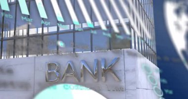 Banka binasıyla ilgili veri işleme ve istatistiklerin animasyonu. Küresel iş, finans ve veri işleme kavramı dijital olarak oluşturulmuş video.