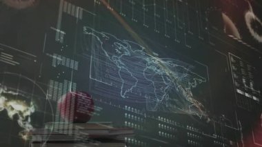 Laboratuar haritası titreşimi veri, kitap ve elma kaydırma görünümünü gösterirken ağ canlandırma akışını da gösterir. Teknoloji, yenilik, veri, gelecek, analitik, dijital, iş