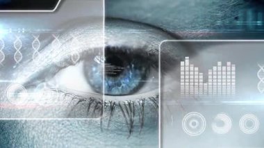 Dna sarmallı, gözbebekli ve grafikli kadın göz taraması simgeleri ve dijital görüntüler. Artırılmış gerçeklik, dijital kompozit, genetik, fütürist, biyometrik, güvenlik, teknoloji.