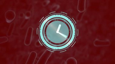 Kahverengi arka planda yüzen biyolojik hücrelerin üzerinde dönen mavi zamanlayıcı animasyonu. Dijital olarak üretilmiş, illüstrasyon, saat, tahmin, molekül, bakteri, sağlık ve sağlık hizmetleri.