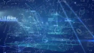 Fizik çözümleri ve formüller üzerine bağlı noktaların ve grafik simgelerinin animasyonu. Dijital olarak üretilmiş, hologram, çözüm, araştırma, aydınlatılmış, illüstrasyon, soyut, eğitim ve teknoloji.