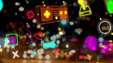 Bulanık gece şehirlerinde hareket eden noktaların ve teknik simgelerin animasyonu. Müzik, eğlence ve gece hayatı konsepti dijital olarak oluşturulmuş video.