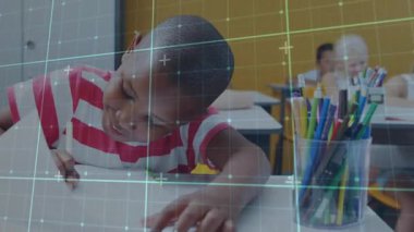 Student writing and reaching jar showing grid overlay and revealing students then girl flipping pen. Classmates, education, learning, creativity, collaboration, vibrant, youthful