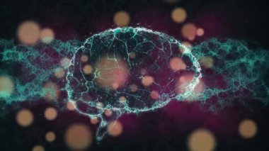 Animation of human brain spinning over red blood cells floating. Christmas festivity and celebration concept.