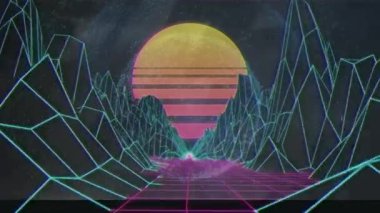 Animation of 3d wireframe landscape with orange sun on digital interface. Digital composite, artificial intelligence, technology, futuristic, illustration, creativity.