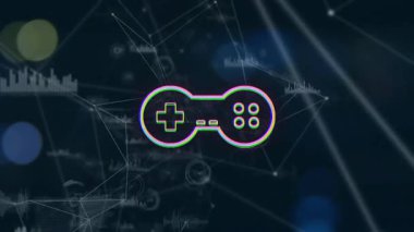 Animation of game controller icon, network connecting dots with graphs on digital interface. Digital composite, technology, artificial intelligence, connection, networking, entertainment, technology