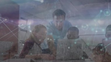 Animation of network of connections over caucasian teacher and diverse group of students. Educations and learning concept digital generated video.