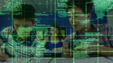 Two students writing and checking phone when code overlay scrolling in lab for coding breakthrough. Educational, technology, collaboration, innovation, youthful, digital, learning