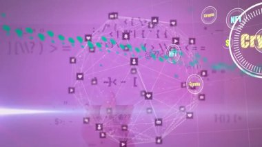 Animation of crypto, graphs, globe with connections in pink space. Finance, currency, network, connections, data processing and technology concept digitally generated video.