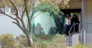 Students assembling on steps and showing rotating globe overlay before graduate stepping down. Colleagues, teamwork, education, campus, mentorship, achievement, diversity