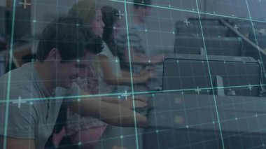 Students typing at campus lab for study initiating grid overlay while front student pausing smiling. Technology, education, collaboration, innovation, digital, workspace, modern