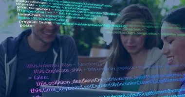 Man opening laptop and friends coding at outdoor cafe with animated code overlay compiling project. Collaboration, programming, teamwork, technology, innovation, casual, outdoor