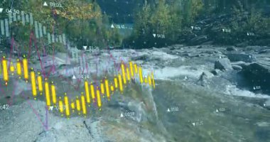 Manzara üzerinde veri işleme animasyonu. Uyum, doğa ve dijital arayüz kavramı dijital olarak oluşturulmuş video.