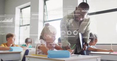 Male teacher pointing to book and guiding student writing while revealing learning progress charts. Educator, classroom, mentorship, digital skills, educational technology, learning environment, youthful