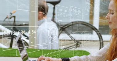 Technology woman typing on laptop UI, man noticing offscreen walking railing brunette smiling. Futuristic, collaboration, innovation, modern, workspace, connectivity, teamwork