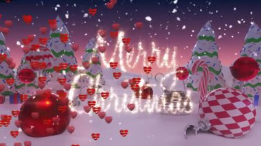 Mutlu noel mesajları, kalp şekilleri ve yılbaşı ağaçlarına yağan kar ve dekorasyonların animasyonu. Dijital olarak üretilen tatlı yiyecekler, Noel şenliği, kış, vektör ve tatil konsepti.