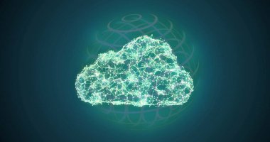 Soyut dijital sahnede, soluk bir kablo çerçeveli, yüzen, neon yeşil ağ bulutu. Fütürist, siber, teknoloji, bağlantı, dijital, soyut, yenilik