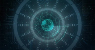 Dönen kablo küresi, halka, ağ, radyal oklar ve parçacıklar ile sanal UI üzerinde titreşiyor. Gelecek, teknoloji, arayüz, holografik, dijital, siber, veri
