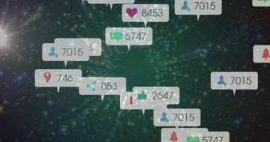 Kozmosta süzülen bildirimler, kalp yorumu kullanıcısının paylaştığı raptiye sayıları. Dijital, fütüristik, enerjik, soyut, teknoloji, iletişim, yenilik