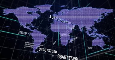 Karanlık şebeke düzlemine mor pikselli dünya haritası yansıtılıyor, yeşil şebeke çizgileri ve kodlar. Teknoloji, veri görselleştirme, fütürizm, dijital arayüz, ağ, analitik, siber