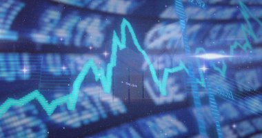 Gösterge panelinde parlayan turkuaz çizelge dalgalanması, bulanık sayısal veri parlamaları. Finansal, teknoloji, analitik, dijital, fütürizm, yenilik, yatırım