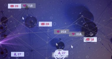 Mor arkaplandaki çizgilerle bağlanmış koyu renkli küreler gösteriliyor, zarf, kalp, kullanıcı simgeleri. Dijital, bağlantı, geleceksel, teknoloji, soyut, arayüz, iletişim