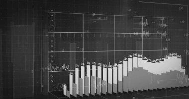 Katmanlı çubukları, sayısal etiketleri ve şebeke düzleminde yer alan satırları gösteren 3D bar grafiği gösteriliyor. Teknoloji, analitik, görselleştirme, arayüz, dijital, kesinlik, fütürist