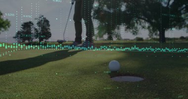 Golf sahasındaki golf sahasının yanındaki beyaz topu golf sahası yeşili golf sopasıyla analiz ediyor. Lüks, açık hava, modern, atletik, duyarlılık, rekabet, eğlence
