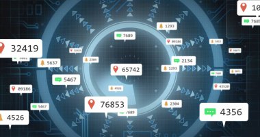 Elektronik gösterge paneli üzerinde pim, sohbet ve çan simgeleriyle dönen merkezi bildirim baloncuğu. Teknoloji, veri görselleştirme, arayüz, dijital, ağ, iletişim, geleceksel