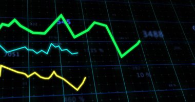 Gösterge panelinde yeşil, sarı ve açık mavi renkli çizgiler gösteriliyor, numaralar yer alıyor. Finans, teknoloji, analitik, veri görselleştirme, dijital, fütüristik, modern