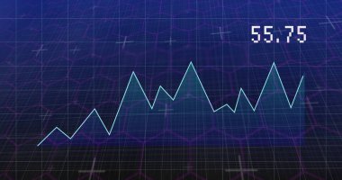 Gösterge paneli arayüzünde soluk mavi dalgalanan çizgi grafiği gösteriliyor. Piksel etiketli 55.75. Analizler, veri görselleştirme, teknoloji, gösterge paneli, gelecekçi, dijital arayüz, finansal