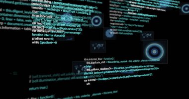 Dairesel hedefler ve harita küçük resimleriyle arayüz içinde yüzen kod blokları ve UI panelleri gösteriliyor. Fütürist, ağ oluşturma, siber uzay, görselleştirme, sürükleyici, yüksek teknoloji