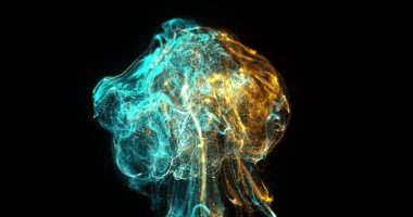 Dönen parlayan parçacıklar koyu dijital boşlukta fraktal şekil oluşturuyorlar, deniz mavisi ve altın rengi ile. Soyut, fraktal, aydınlık, dijital, canlı, geometrik, fütürist