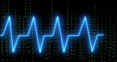 Neon-mavi ECG dalga formu parlayan yeşil ikili rakamlar ve soluk mavi şebeke ile arayüzü tarıyor. Gelecekçi, dijital, teknoloji, veri, siber, soyut, sibernetik