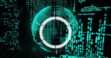 Yüzük şeması, siber uzayda kablo çerçevesini ve şebeke zemininde kod akımlarını gösteriyor. Teknoloji, veri, analitik, yenilik, dijital, görselleştirme, ağ