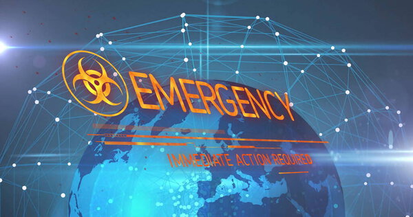 Отображение оранжевого символа биологической опасности и текста EMERGENCY на дисплее хаба с сеткой. Цифровая, футуристическая, предупреждающая, предупреждающая, коммуникационная, технологическая, кибербезопасность