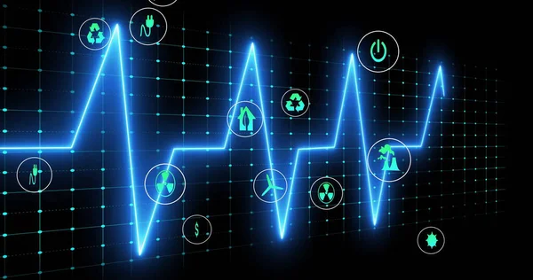 Cyan-blue ECG tarzı nabız hattı yeşil enerji simgeleriyle dijital ızgaradan geçiyor. Teknoloji, sürdürülebilirlik, veri görselleştirme, yenilenebilir, çevre dostu, yenilik, dijital arayüz