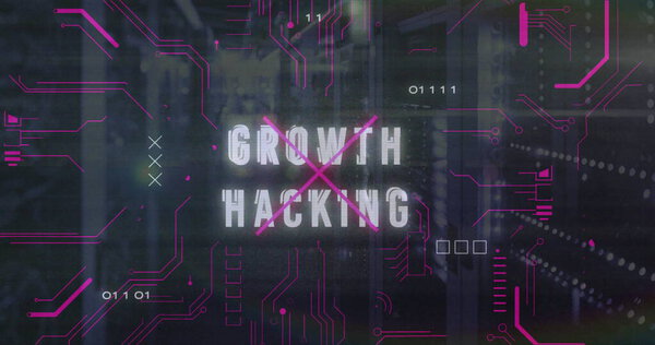 Прокладка GROWTH HACKING Magenta X в дата-центре, с цепными линиями и серверными рейками. Технологии, инновации, цифровые технологии, кибербезопасность, анализ данных, футуристические, сетевые технологии