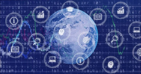 Ağ ızgarası üzerinde dönen 3D Dünya küresi, ikili rakamlar, çizgi grafikleri ve beyaz simgelerle. Teknoloji, yenilik, veri görselleştirme, dijital, bağlantı, analiz, fütürizm