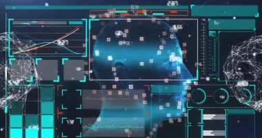 Veri işleme ve dijital ekranların animasyonu. Dijital arayüz teknolojisi ve dijital olarak oluşturulan iletişim konsepti.