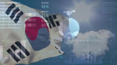 Güney Kore bayrağı üzerinde veri işleme animasyonu. Küresel iş, ulusal bayraklar ve dijital arayüz konsepti dijital olarak oluşturulmuş video.