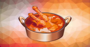 Metal güveç kabı çokgen arka planda soslu tavuk budu tutuyor. Aşçılık, minimalist, dijital sanat, yemek sunumu, konukseverlik, gurme, soyut