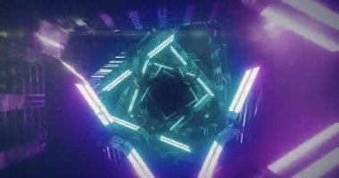 Aydınlatılmış üçgen şekillerin döngü içinde dönmesinin animasyonu. Dijital olarak üretilen, illüstrasyon, hologram, soyut, sanat, tasarım ve teknoloji kavramı.