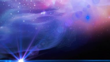 Aydınlatılmış yıldız alanı gökyüzüne karşı soyut desenli grafiksel kabın animasyonu. Uzayı kopyala, dijital olarak oluşturulmuş, çoklu pozlama, hologram, galaksi, parlama, illüstrasyon.