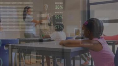 Biyoloji dersi üzerine sunum yapan kız hakkındaki grafik ve verilerin animasyonu. Okul, eğitim, finans ve veri işleme kavramı dijital olarak oluşturulmuş video.